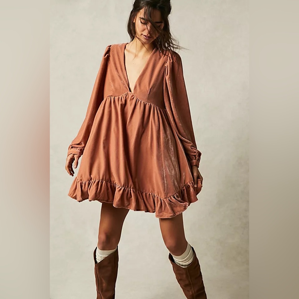 Free People Estella Velvet Sweet‎ Mini Dress Babydoll Ruffle Sleeve Medium